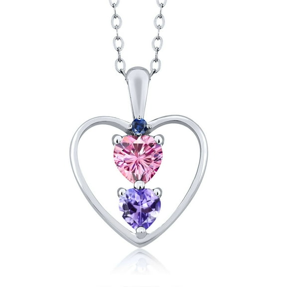 Gem Stone King 925 Sterling Silver Pink Moissanite Blue Tanzanite and Blue Created Sapphire Pendant Necklace for Women (0.74 Cttw, Gemstone Birthstone, Heart 5MM and 4MM, with 18 inch Silver Chain)