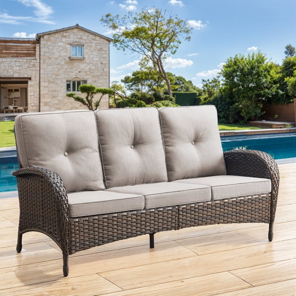 Giantfurnni Wicker Patio Couch, 3-Seater Outdoor Sofa with Cushions for Porch Balcony Deck Garden
