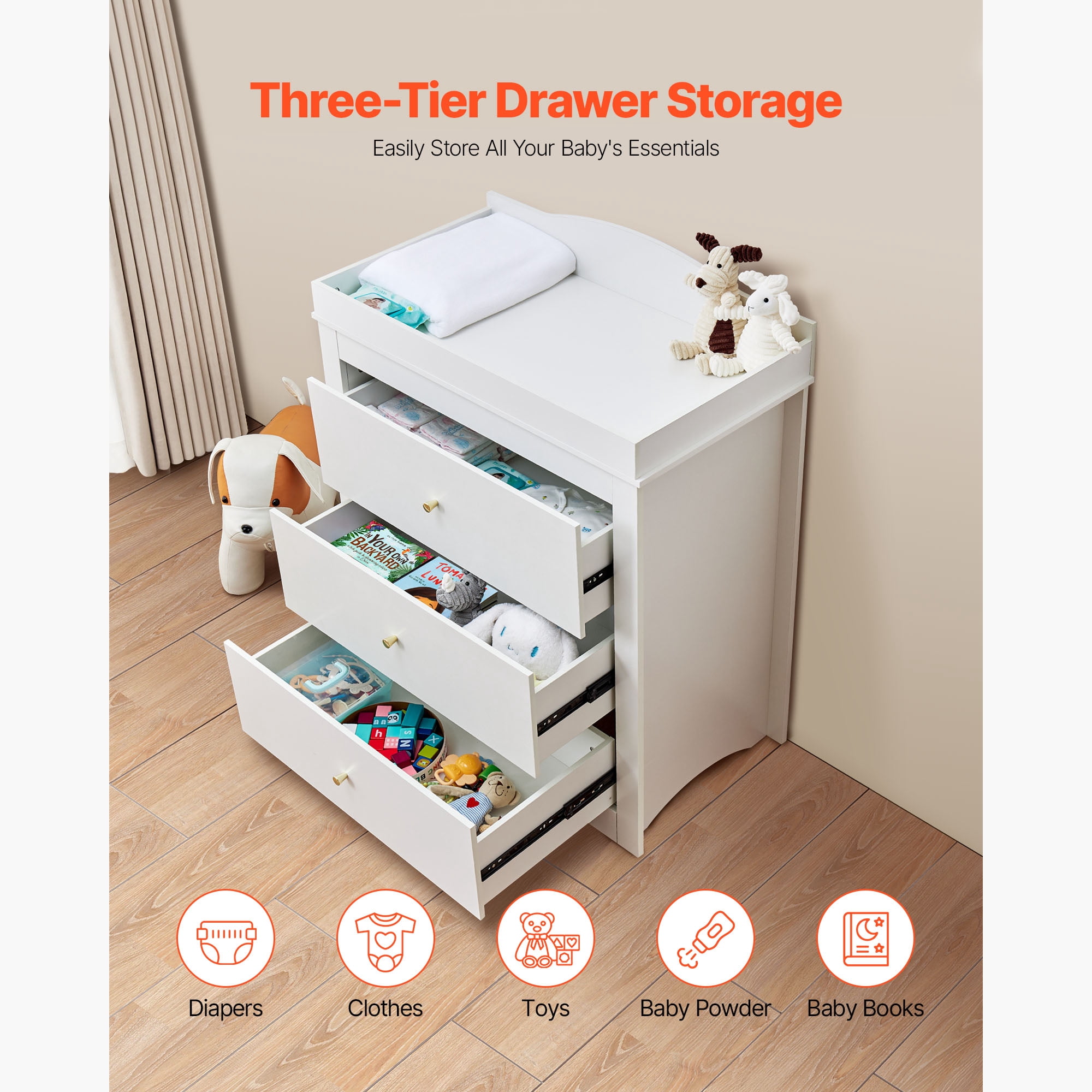 KFFKFF Modern Baby Changing Table Dresser with 3 Storage Drawers, Multi-Functional Organizer for Nursery and Children's Room, White