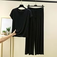 thumbnail image 2 of Hueook Travel Outfits For Women 2 Piece Sets Women's Loose Solid Color T-shirt Wide Leg Pants Home Wear Two-piece Short Sleeve Round-Neck Pant Sets Black 3X, 2 of 3