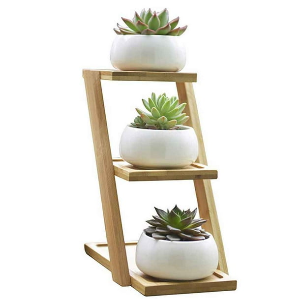 Maceta pequeña redonda de cerámica blanca para plantas suculentas, maceta de cactus para plantas suculentas con bandeja de bambú para decoración de habitaciones Vogacara JJ14144-00B