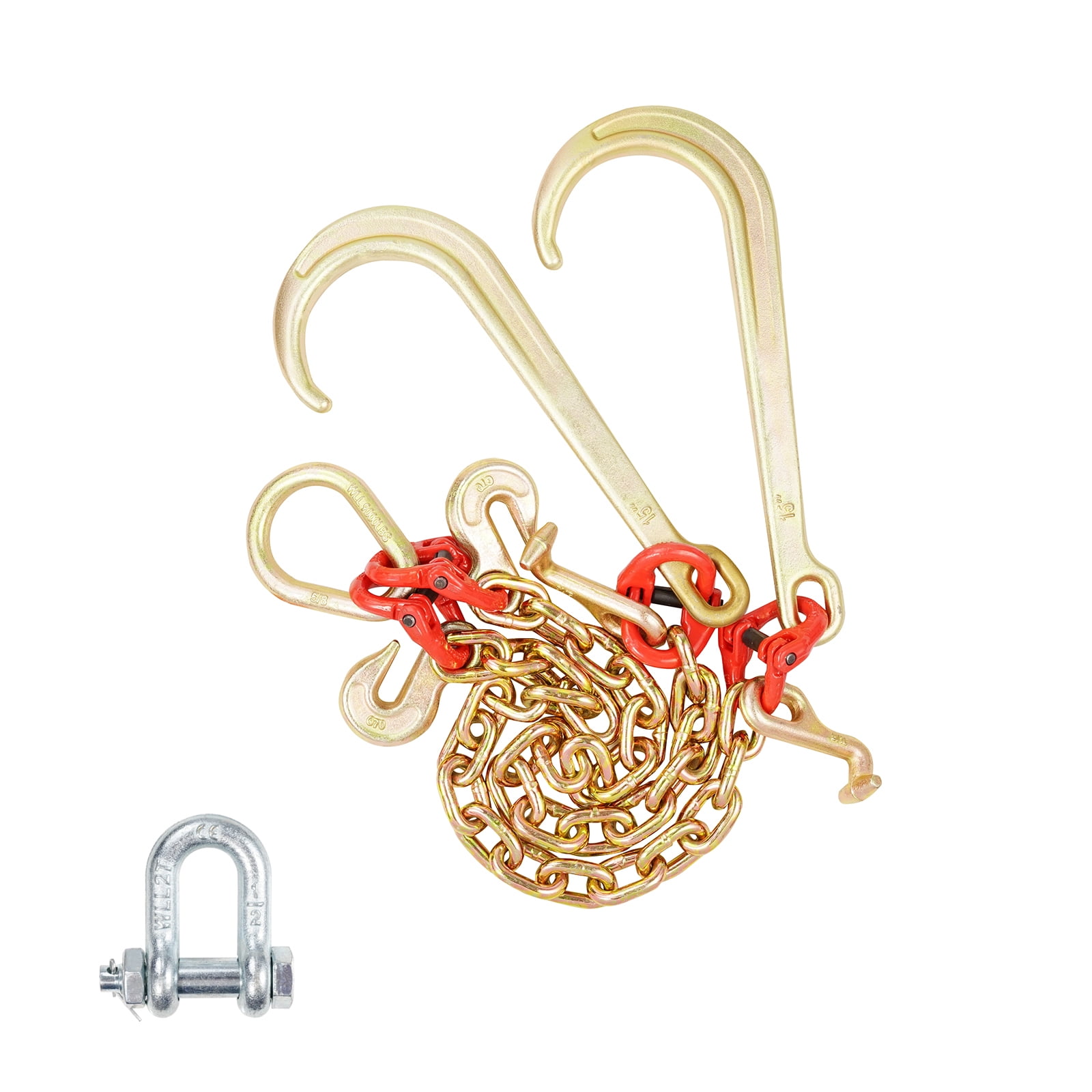 KFFKFF G80 V Bridle Chain, 3/8" x 2' with 15" J Hooks, T Hooks & Grab Hooks, Durable Tow Chain Bridle for Flatbed Truck Wrecker Recovery, 7800 lbs Safe Working Load