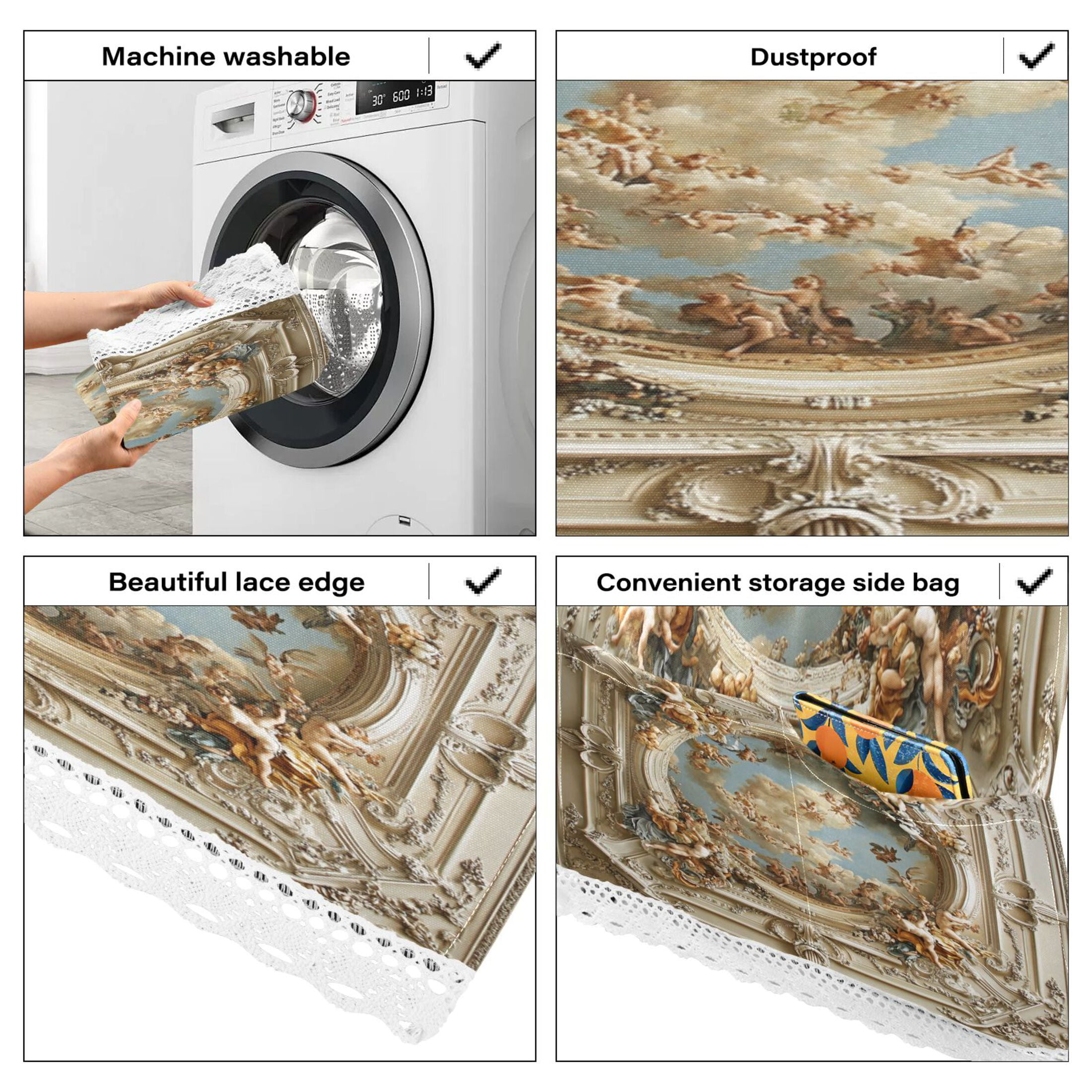 The Baroque PatternWasher and Dryer Covers Dust-Proof and Oil Resistant Fridge Cover with 4 Storage Pockets Washing Machine Top Cover for Laundry Kitchen Home 51.2 x 22 In