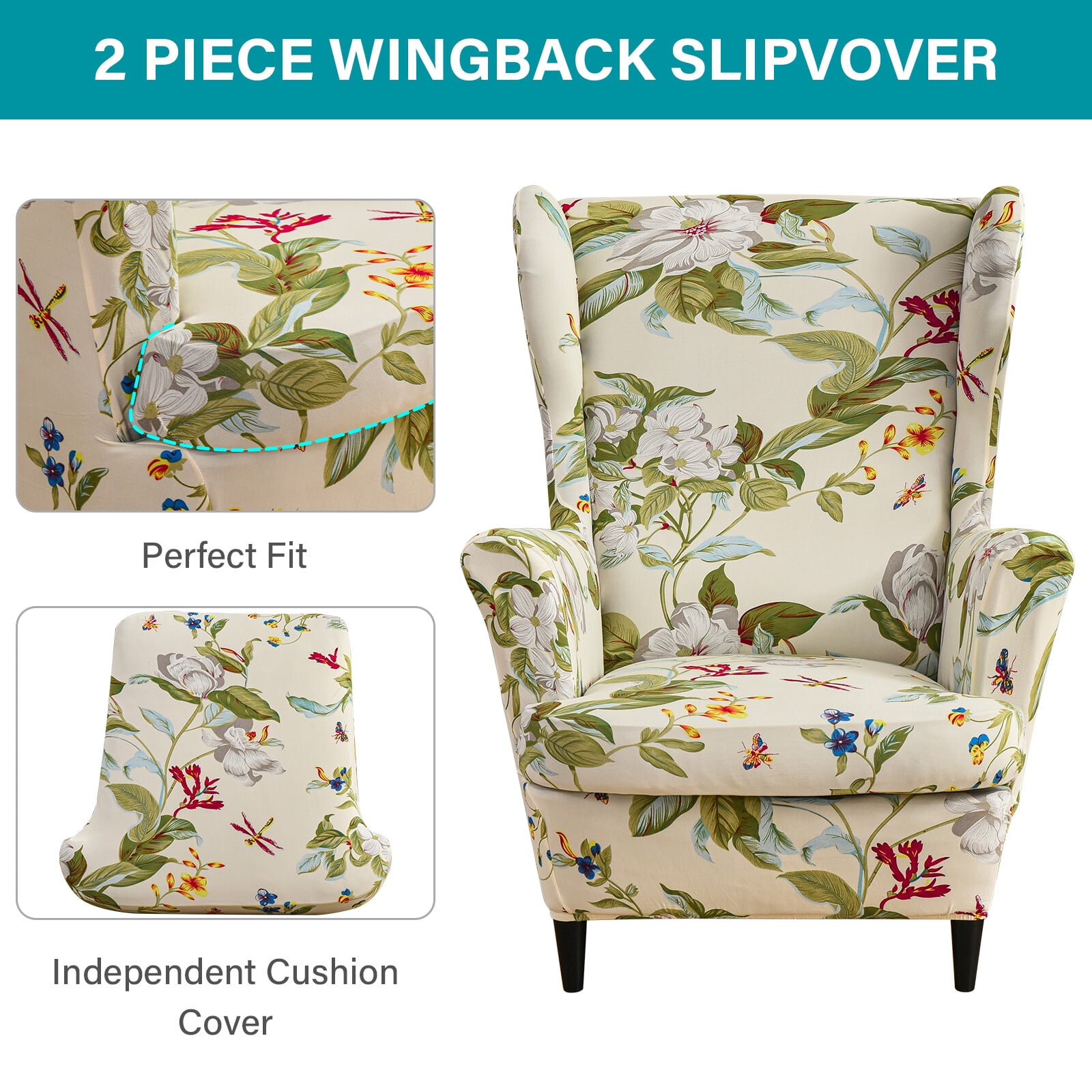 TOPCHANCES 2-Piece Wingback Chair Cover, Stretch Armchair Slipcover Wing Chair Sofa Covers, Beige Floral