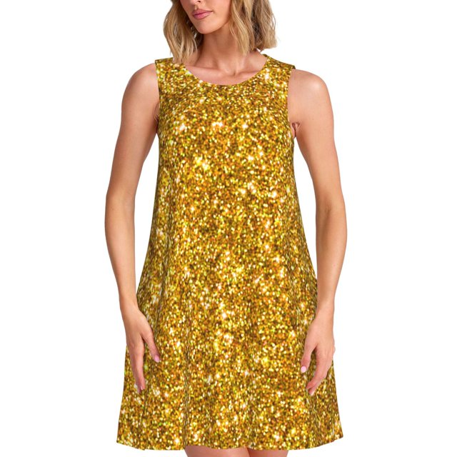 Disketp Gold Glitter para Vestido sin Mangas para Mujeres, Vestidos de Verano para Mujeres, Casual y Holgado para la Playa