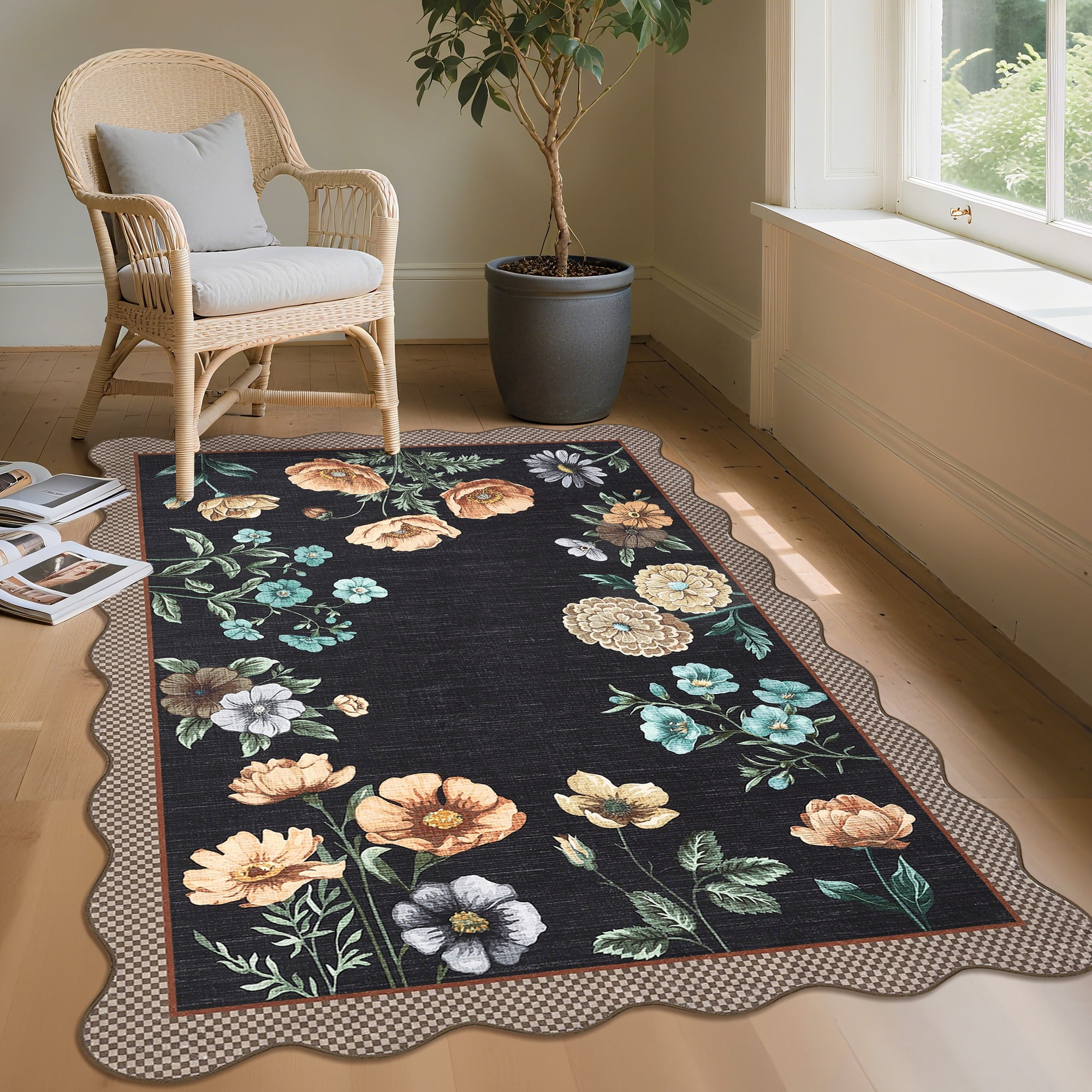 Hasoo Washable Living Room Area Rug 10x13 Large Modern Scalloped Floral Soft Non Slip Indoor Black Carpet