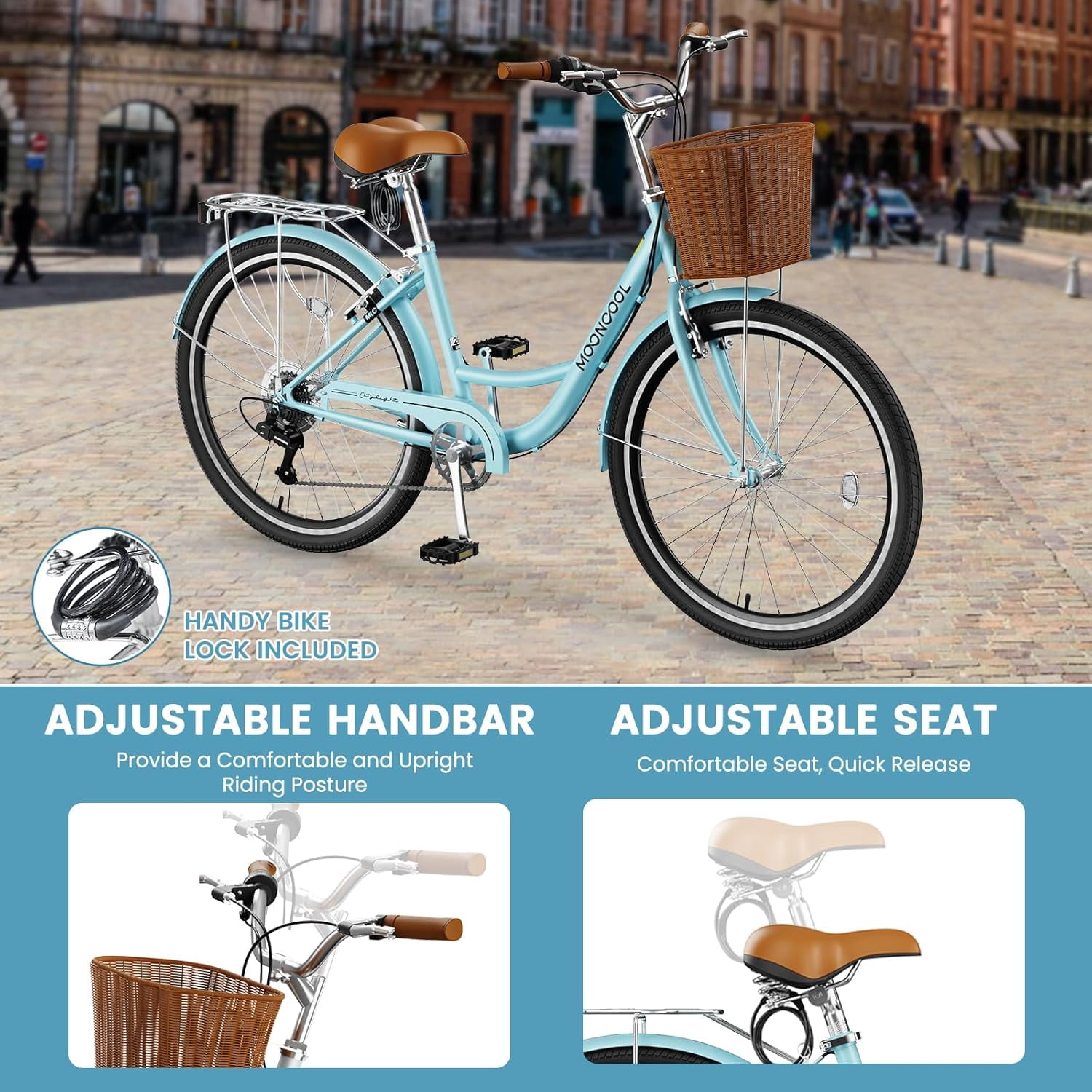 Mooncool 24 & 26 Inch Beach Cruiser Bike for Women, 7 Speed Commute Bike for Adults, Womens Bicycle with Ratten Basket & Rack, Multiple Color