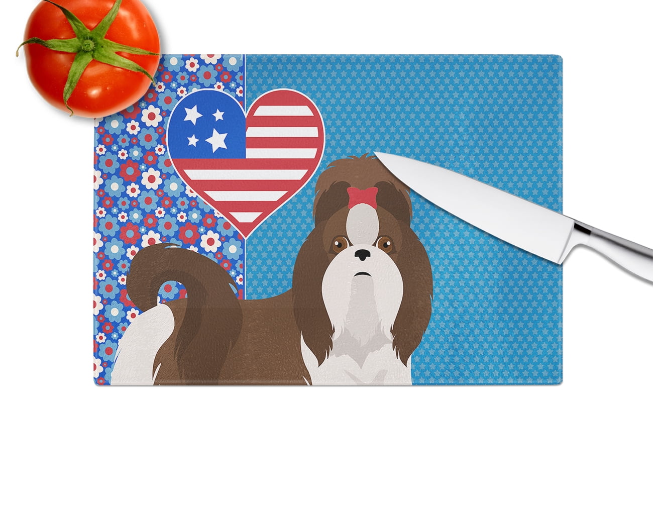 Liver and White Shih Tzu Glass Cutting Board Large 12 in x 15 in