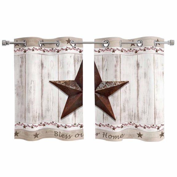 American Country Kitchen Curtains Small Short 39 Inch Length, Farmhouse Barn Star Brown Berry Grommet Top Bedroom Living Room Curtains, Light Filtering Cafe Curtain Drapes 2 Panels Set 55''x39''