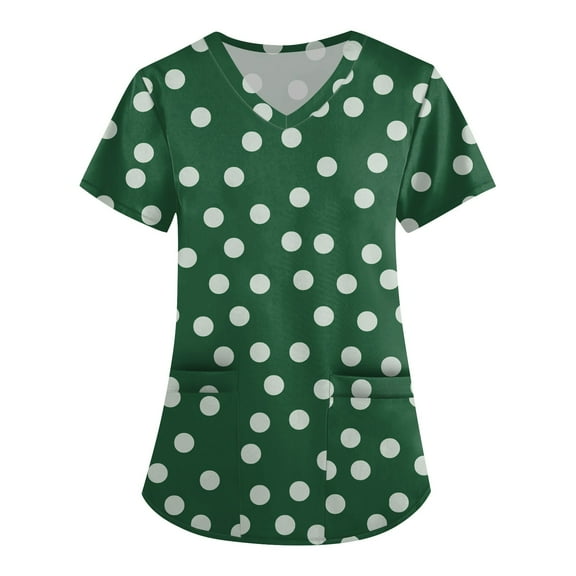 Women Fashion Print Nurse Scrubs Top Short Sleeve with 2 Pockets