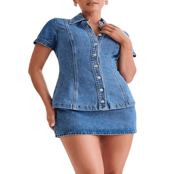 LYMAYTER Women 2 Piece Skirt Set Short Sleeve Slim Denim Shirt Suit Summer Casual Stylish Set S-XL