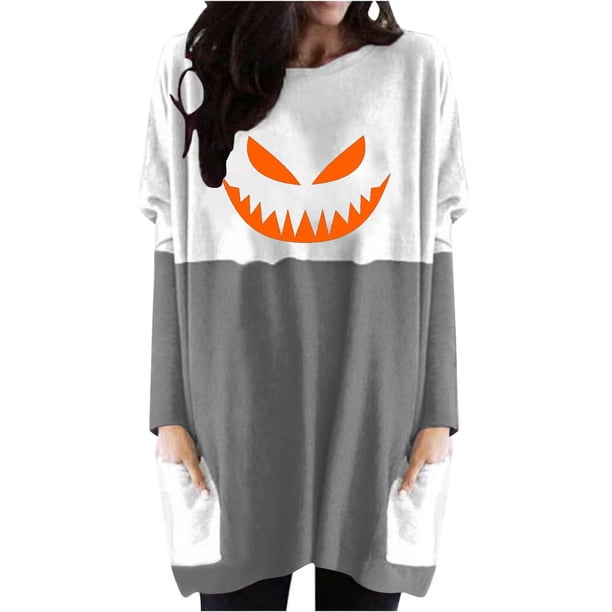 Blusa suelta informal de manga larga con cuello redondo y bolsillo para mujer, Tops estampados de Halloween Pompotops hdfakjf4471