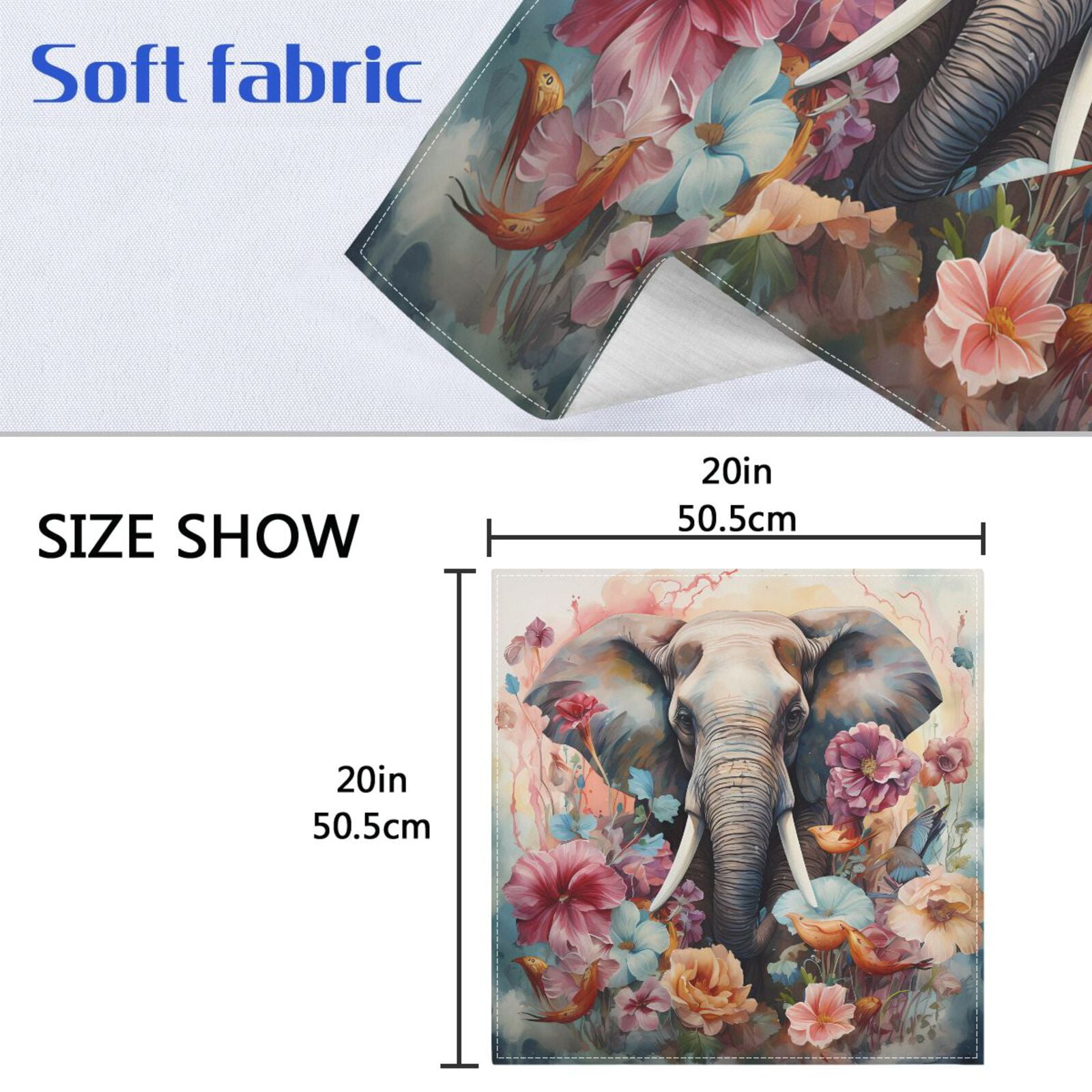 JSTEL Elephant Flowers Waterdolor Cloth Napkins Set of 6, 20x20 Inch Washable and Reusable Napkin for Decoupage Dinner Party Everyday Use