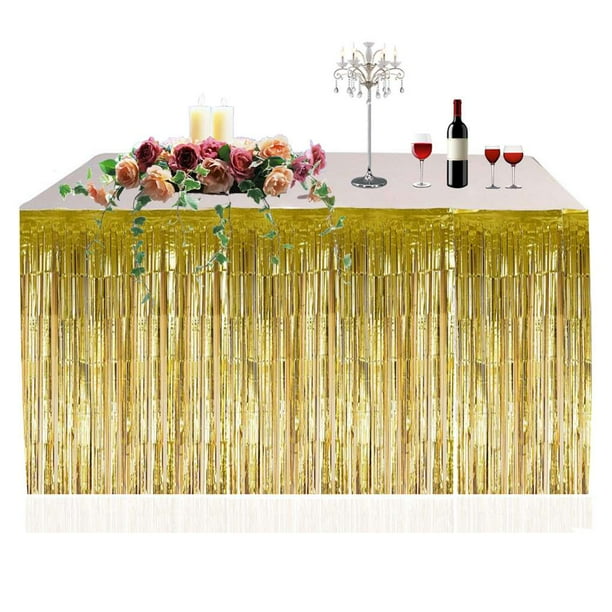 Falda de mesa de papel de aluminio con flecos metálicos, cortina de mesa de oropel para fiesta de Luau, cumpleaños, aniversario de verano, decoración de mesa navideña seitruly JJ15657-01