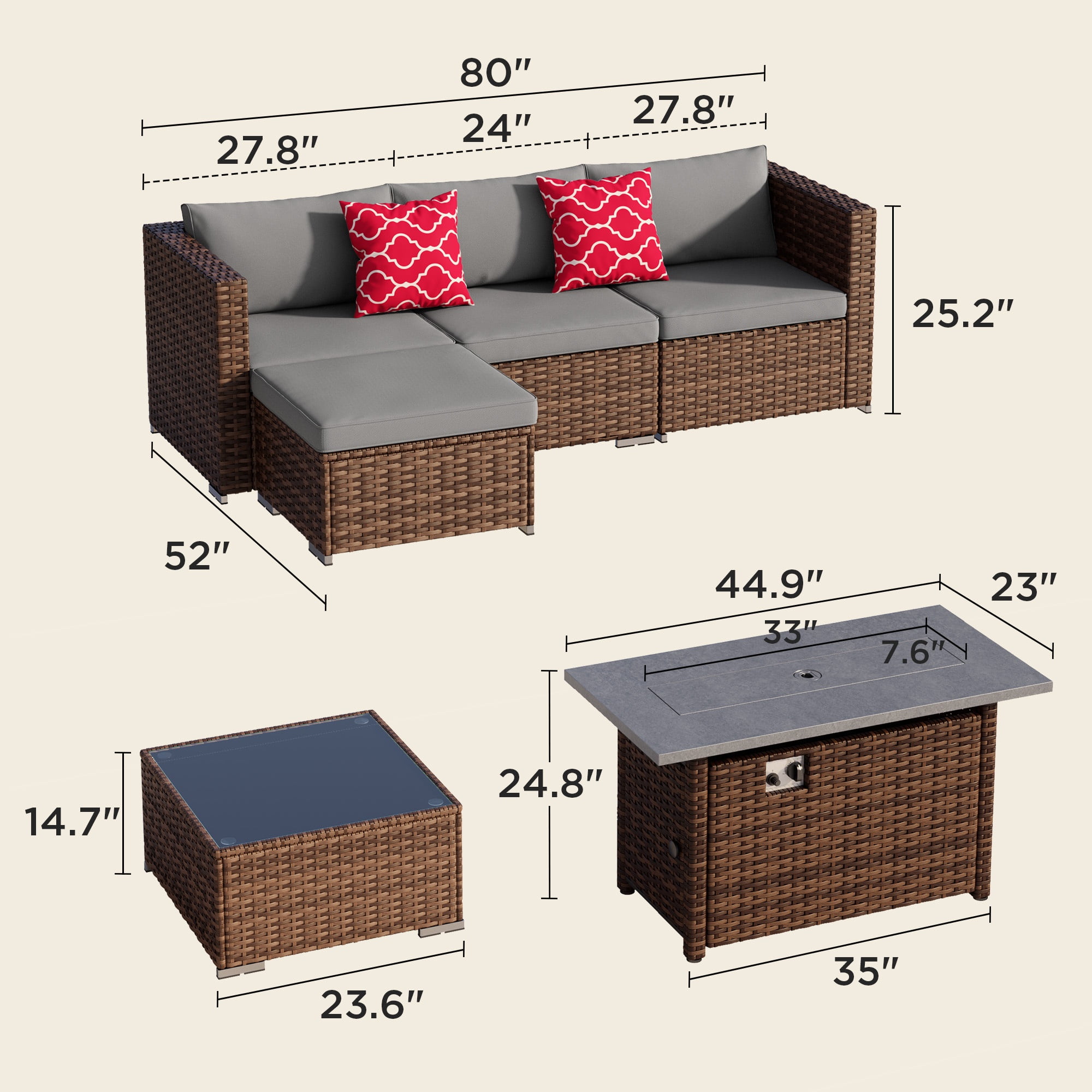 Noelse 6 Piece Outdoor Patio Furniture Set with 45" Propane 2 in 1 Fire Pit Table, Modular Rattan Sectional Sofa, Coffee Table, Outdoor Conversation Set for yard, Patio, Gray