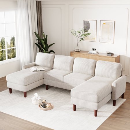 Comfortable Modular Sectional Sofa, Corduroy U-Shaped Couch with Solid Wood Legs for Living Rooms, Studies