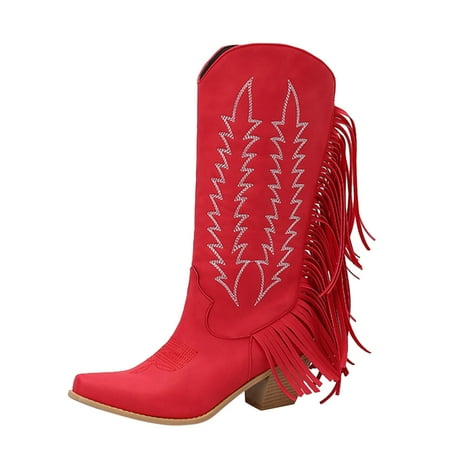 

TAIAOJING Women s Boots Embroidered Square Heel Solid Color Fringe Retro High Boots Fashion Shoes