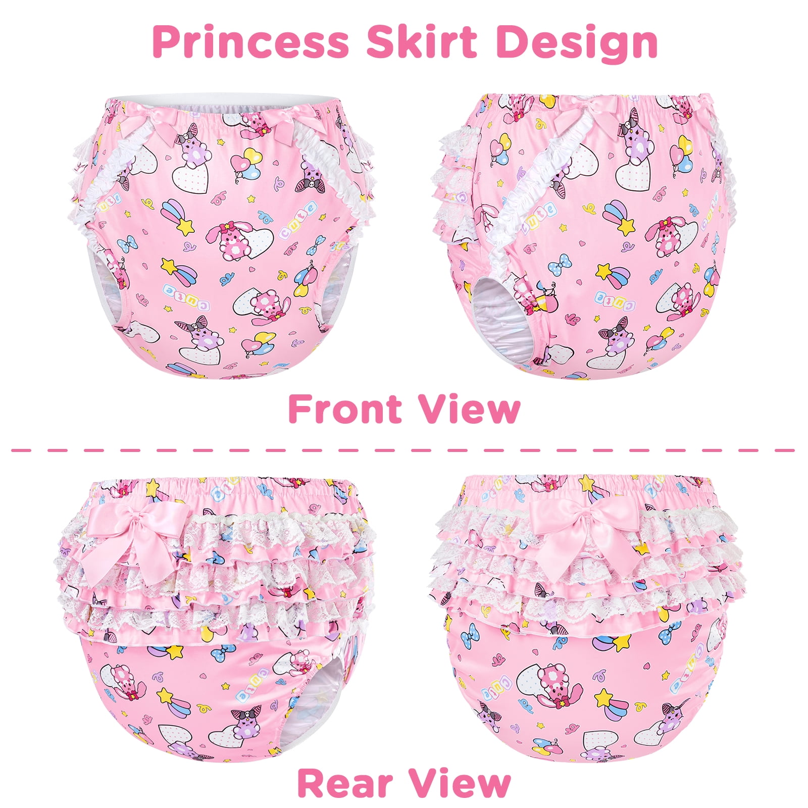 LittleForBig Silky Washable Reusable Waterproof Ruffled Lace Bow Baby Usagi & Bella Pattern Ruffle Adult Diaper Cover S