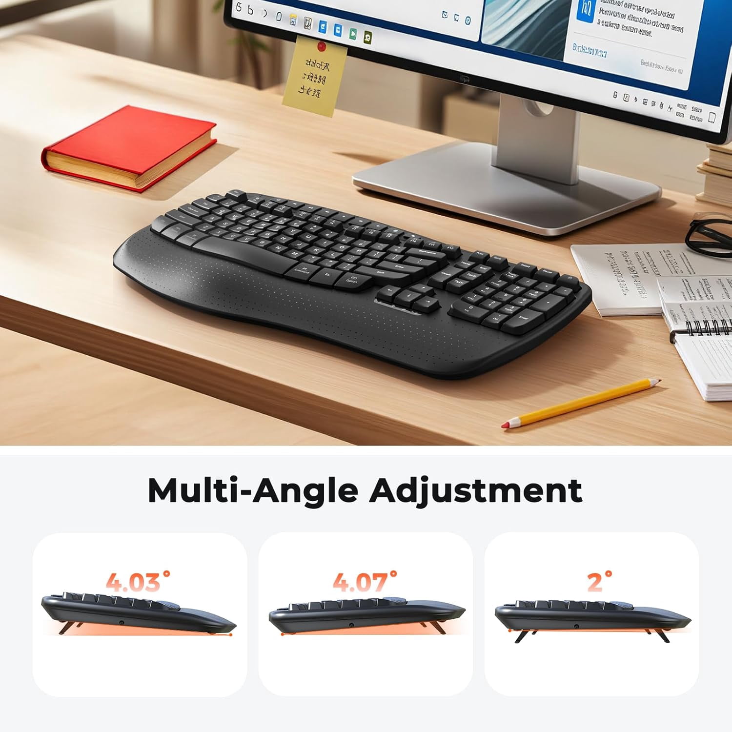 Meetion Wave Keys Ergonomic Keyboard, Wireless, Wrist Rest, 2.4G/USB-C for Windows/Mac - Black