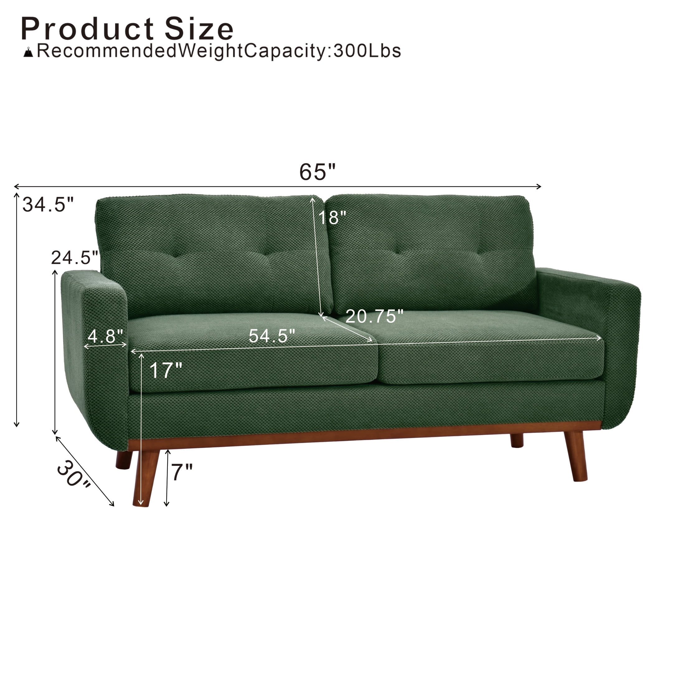 Noble House 65" Mid-Century Modern Loveseat Sofa, Nubby Upholstery, Solid Wood Legs, Dark Green