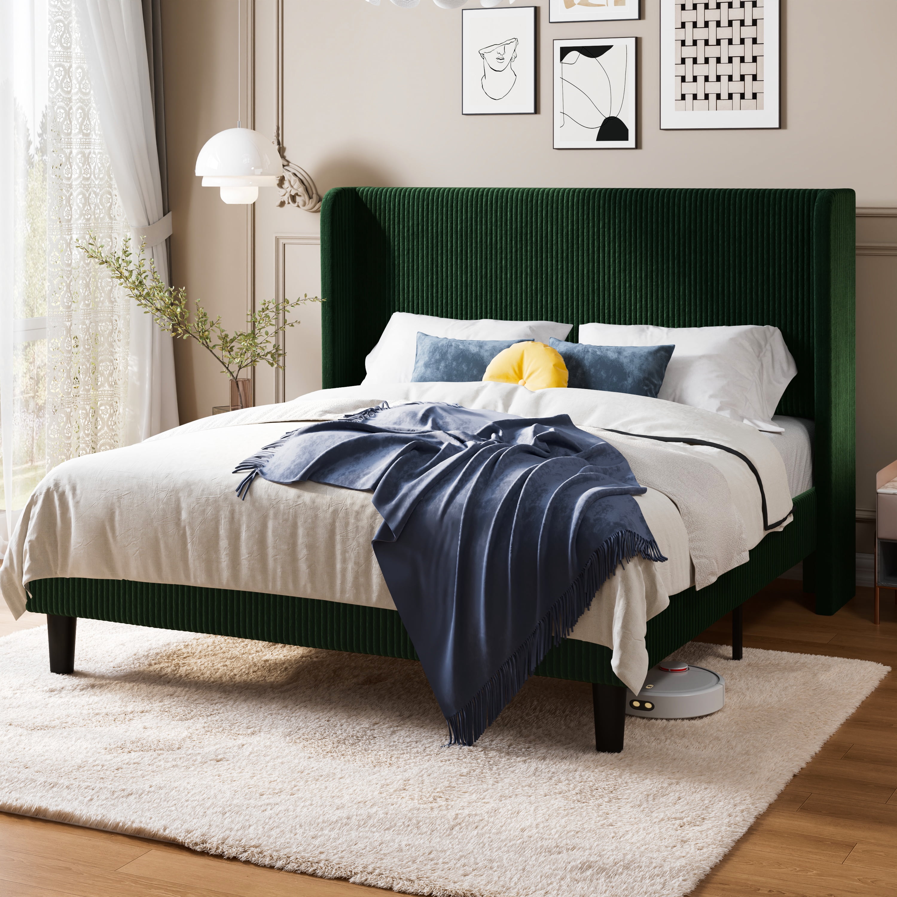 Allewie Queen Size Corduroy Upholstered Platform Bed Frame with Vertical Channel Tufted Wingback Headboard, 8" Under Bed Storage, Wooden Slats and Metal Frame Support, No Box Spring Needed, Green