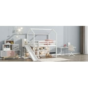 Pinovk Twin Size Wood House Loft bed with Slide, Storage shelves and Light, White