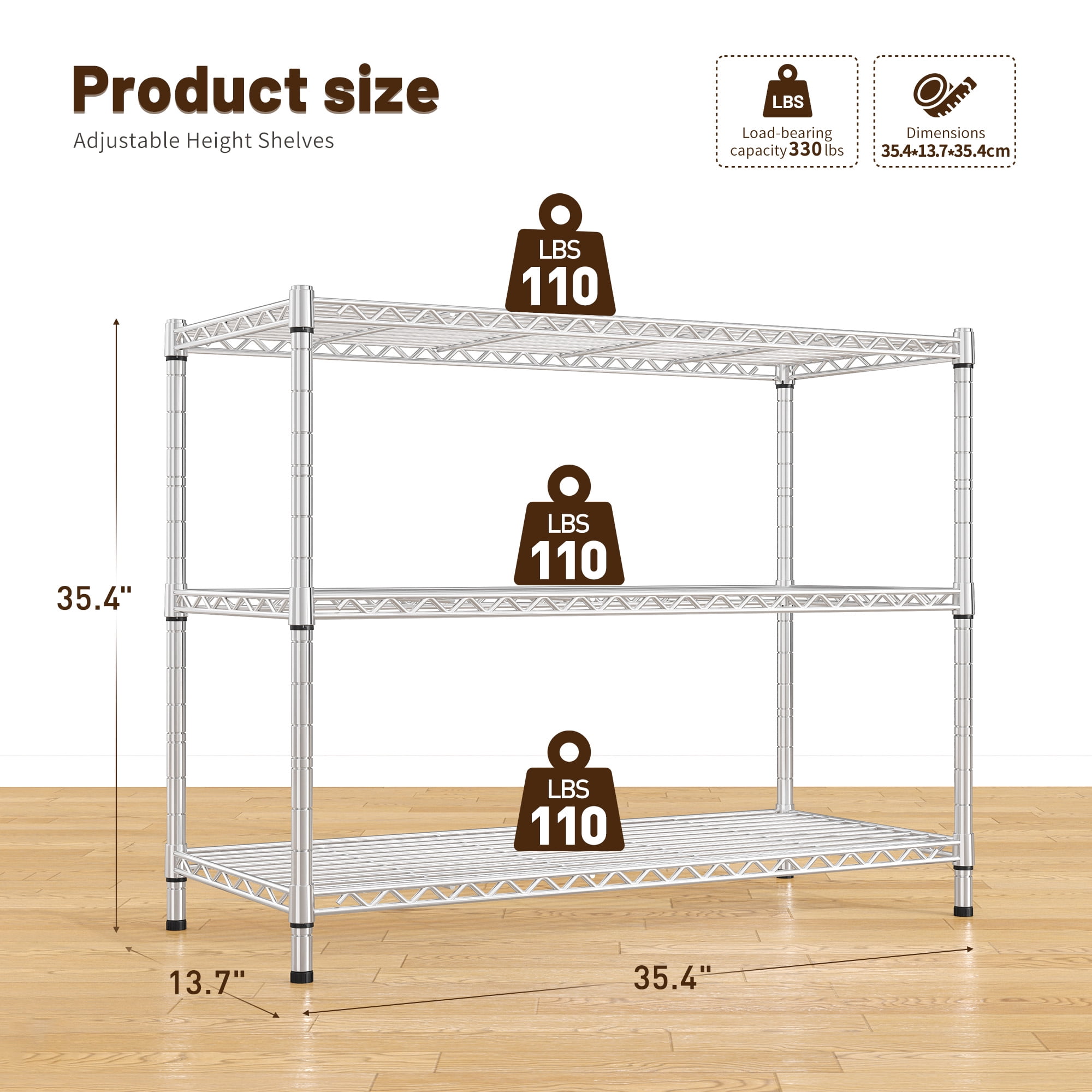 REIBII 35.5"W Wire Shelving Unit,3-Tier Heavy Duty Metal Storage Rack,Adjustable Shelf Organizer for Kitchen,Pantry,Silver