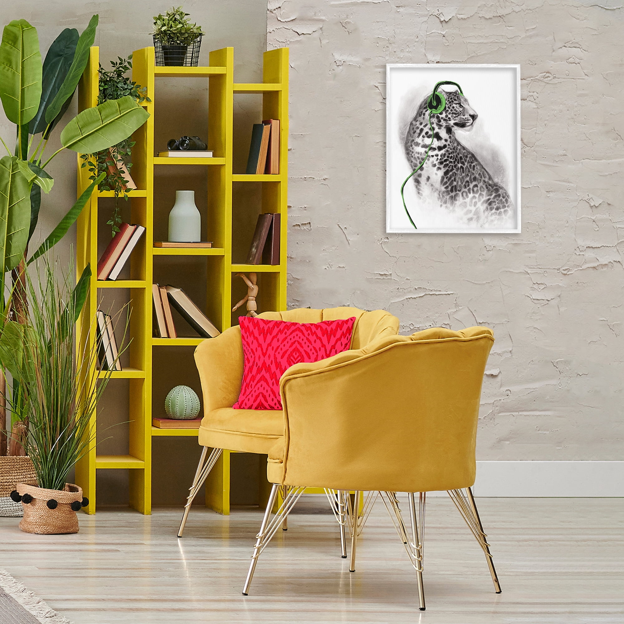Stupell Industries Cheetah with Headphones Animals & Insects Painting White Framed Art Print Wall Art, 16 x 20