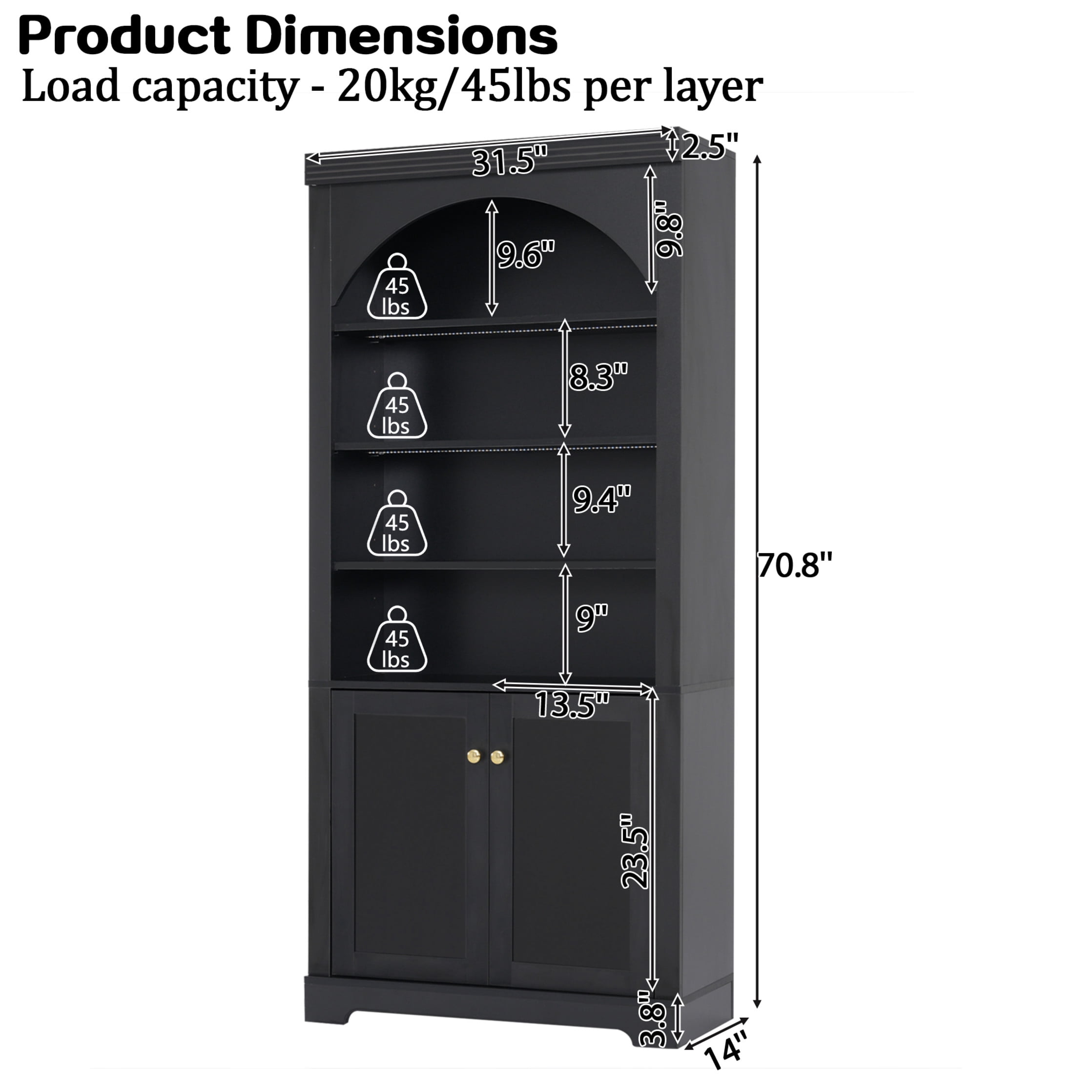 GDF Studio Arbor Arched Bookshelf with LED Lighting, Storage Cabinet & Adjustable Shelves for Home Office, Black, Set of 2