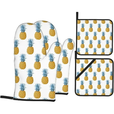 Pineapple Oven Mitts and Pot Holders Sets 4 pcs Kitchen Oven Gloves Heat Resistant BBQ Gloves Non Slip for Cooking Chef Baking