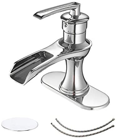Homevacious Brushed Nickel Bathroom Faucet Glass Waterfall Spout For Sink Modern Deck Mount Single Hole Unique Single Handle Plumbing Fixtures Lavatory Vanity Solid Brass Faucets Supply Line Lead-Free 