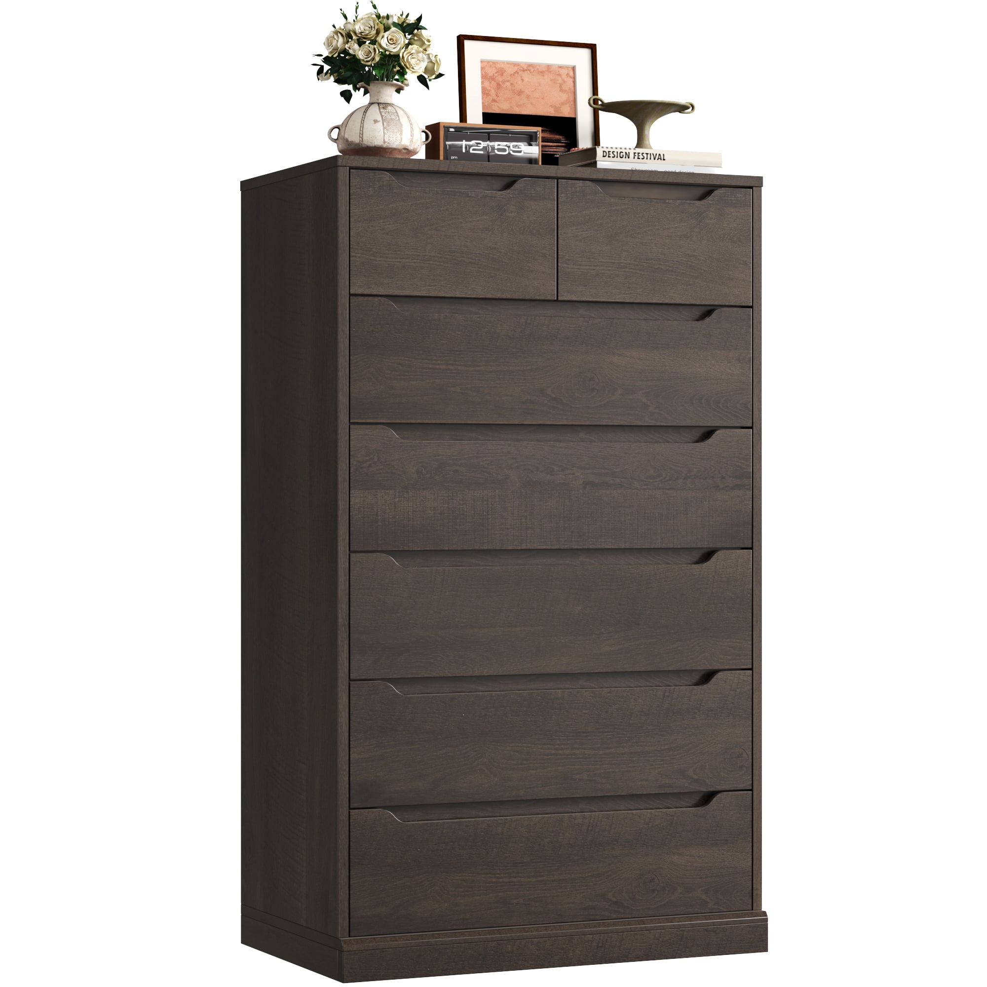 Homfa Vertical 7 Drawer Dresser, 51.3 in Tall Wood Storage Cabinet with Upgraded Stable Base for Bedroom Living Room, Dark Brown