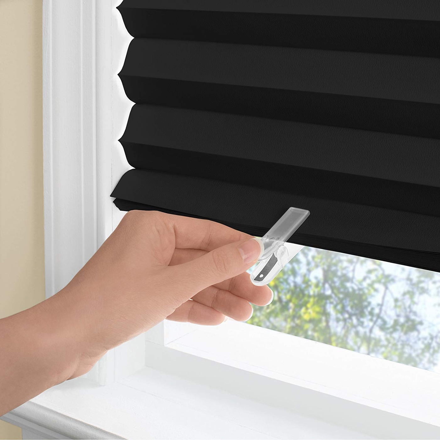 PowerSellerUSA Pleated Window Shades, Window Blinds Room Darkening Blinds 1" Slats Vinyl Window Blinds Cordless Push-Pull Mini Blind, Anti-UV Window Coverings, Fits Windows 75"L x 48"W, Black