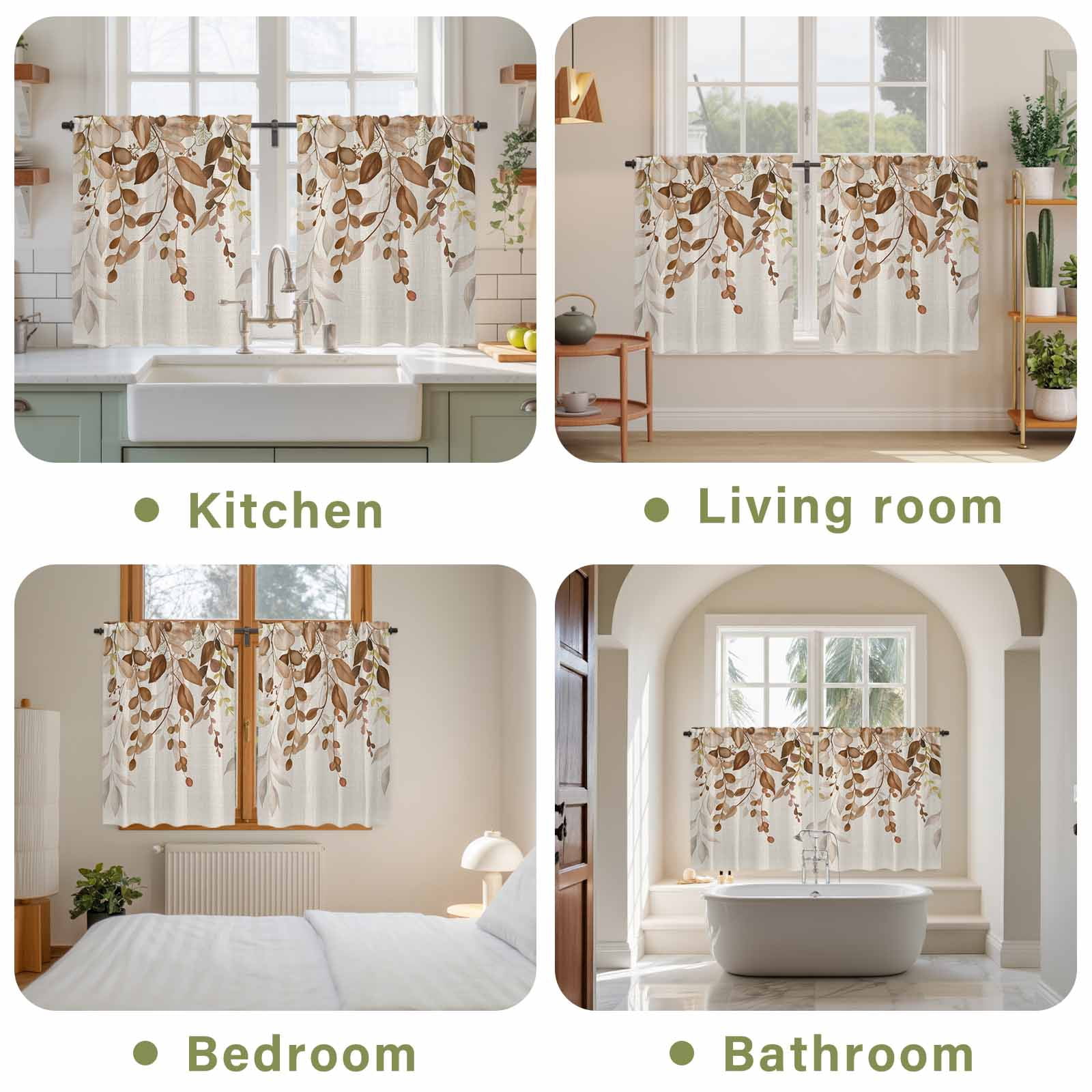 Brown Orange Eucalyptus Kitchen Curtains 54 Inch Length, Farmhouse Weeping Leaves Linen Tiers Curtains for Bathroom Bedroom Cafe, Light Filtering Small Window Treatment Drapes 2 Panels 42"Wx54"L