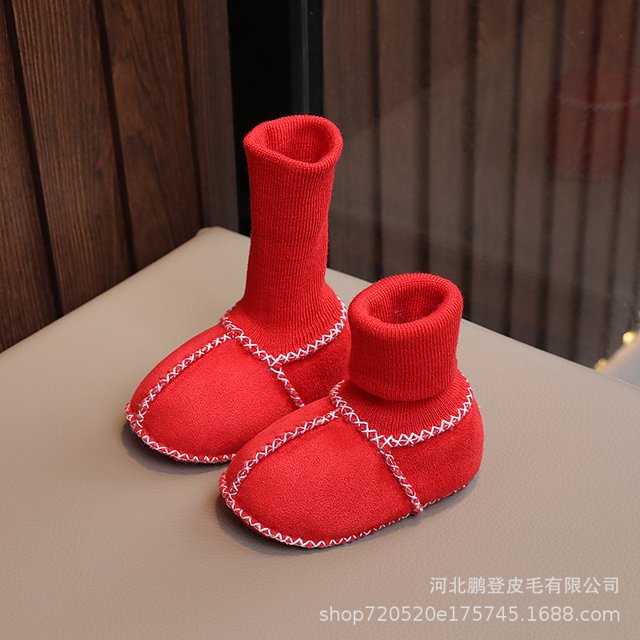 Zapatos de bebé de lana gruesa, botas de algodón de fondo suave, calzado infantil cálido de invierno, zapatos de piel sin caída para 3-6-12 meses de edad