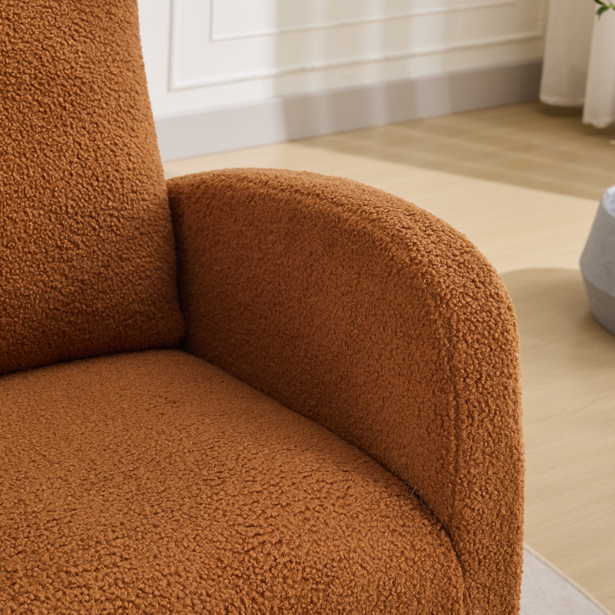 FFZ 27.2W Rocking Chair Nursery Sherpa Glider High Back Side Pocket Accent Armchair Rubber Wood Caramel