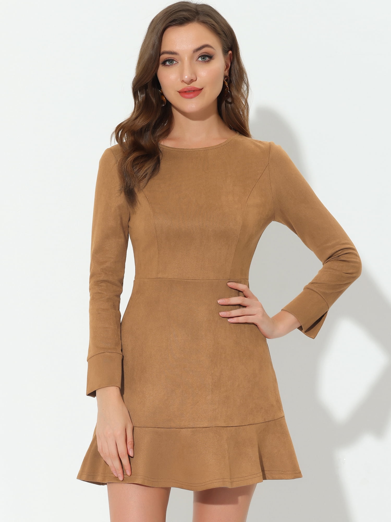 Unique Bargains Women's Faux Suede Ruffle Hem Long Sleeve Mini Dresses XS Brown