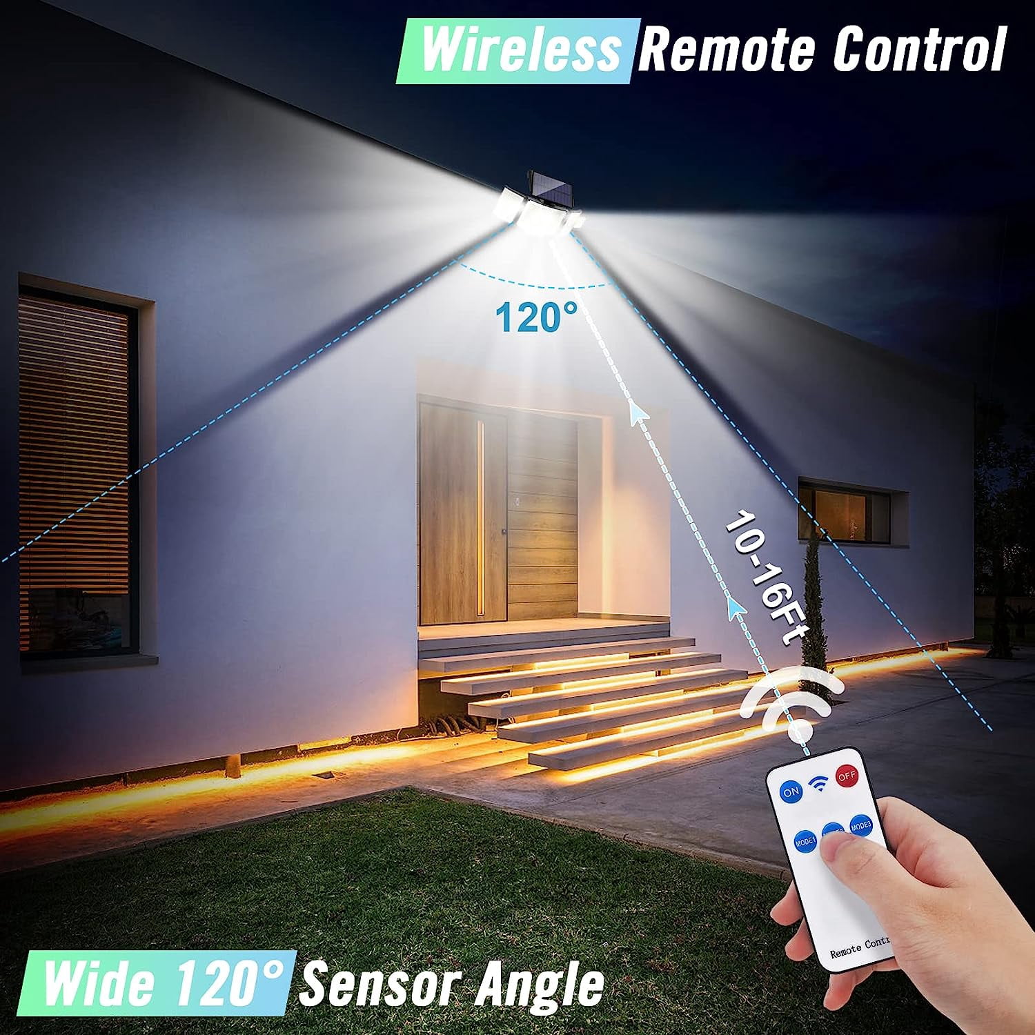 Solar Lights for Outside, 348 LED Motion Sensor Outdoor Lights with Remote Control, 3 Head IP65 Waterproof Security Lights, Solar Flood Wall Lights with 3 Modes for Garden, Patio, Yard,1 Pack