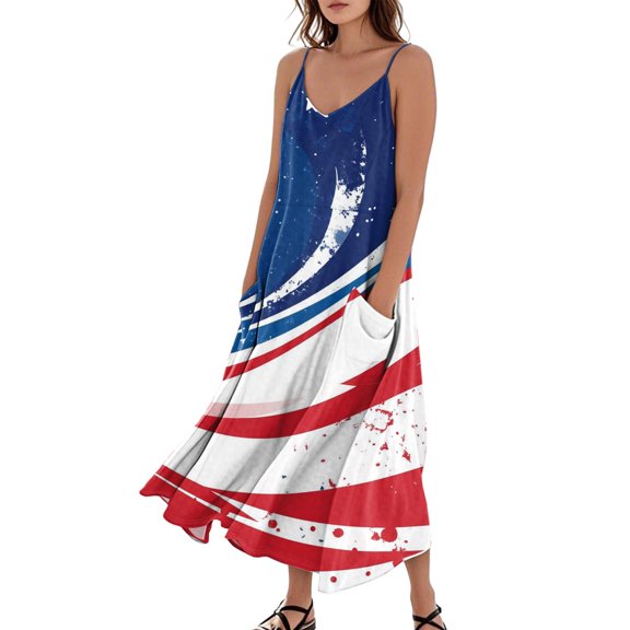 Women's Flowy Casual Sleeveless Dress with Patriotic Theme, Lightweight Long Sundress, Pocket Design for Beach Vacations and Outdoor Activities,Blue L