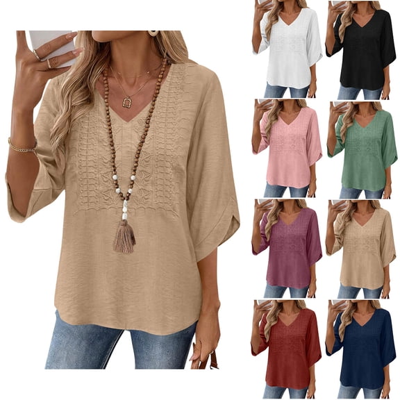 Tqcoqu Womens 3/4 Sleeve Tops Embroidered Lace Blouses Boho Shirt, V Neck Casual Loose Fit Vacation Beach Business Casual Outfits
