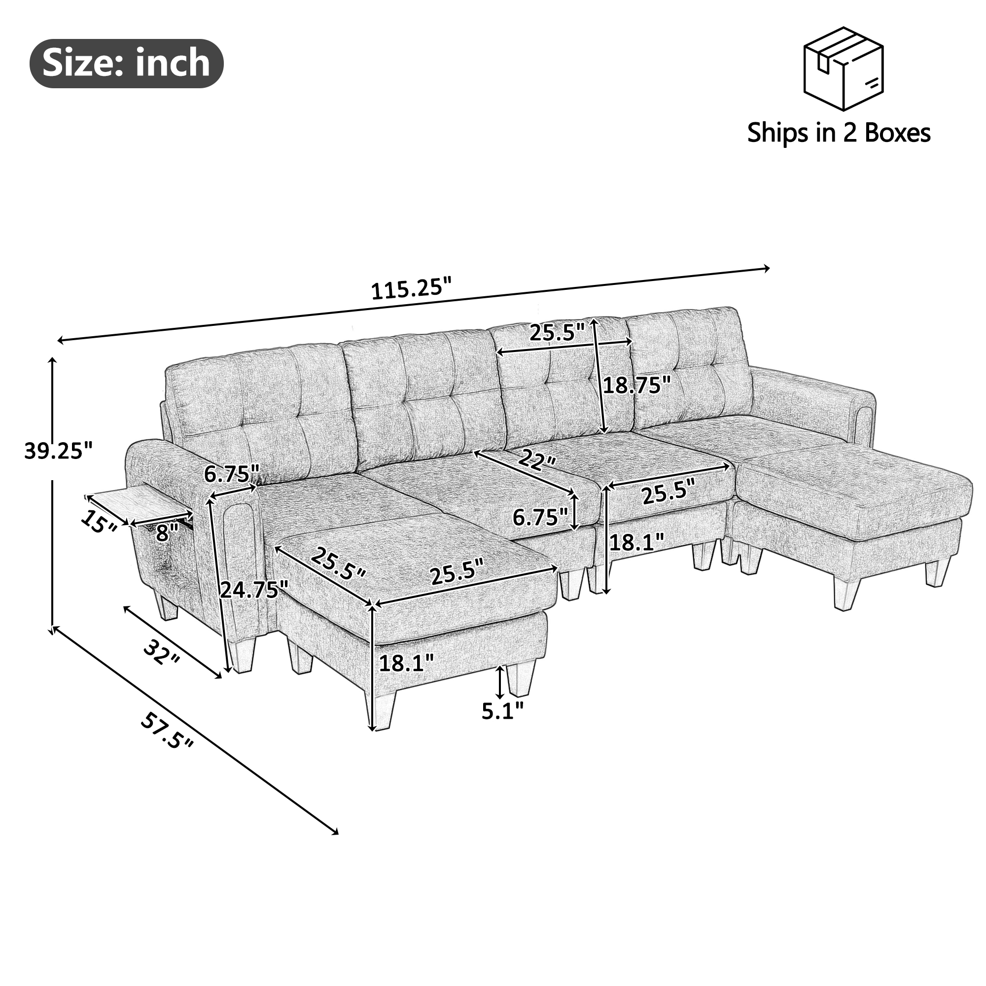 Euroco Modern Sectional Sofa 115" U-shaped Sofa Upholstered Sofa Couch with Two Movable Ottomans, USB Ports and Side Tables for Living Room, Green