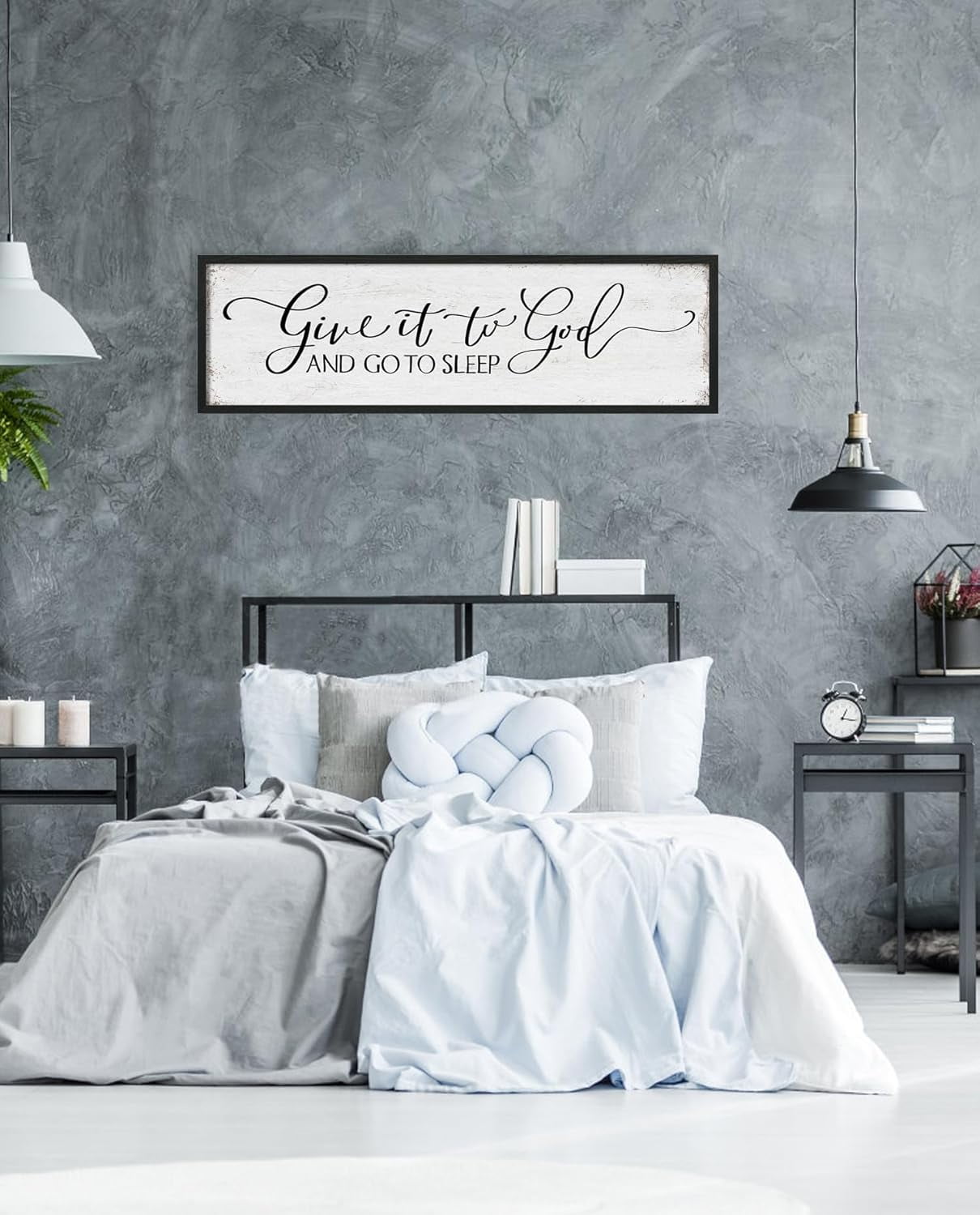 CDDposter Give It to God and Go to Sleep Sign: Farmhouse Bedroom Wall Decor Above Bed Rustic Country Master Bedroom Hanging Decor Framed Country Plaque 12" x 40"