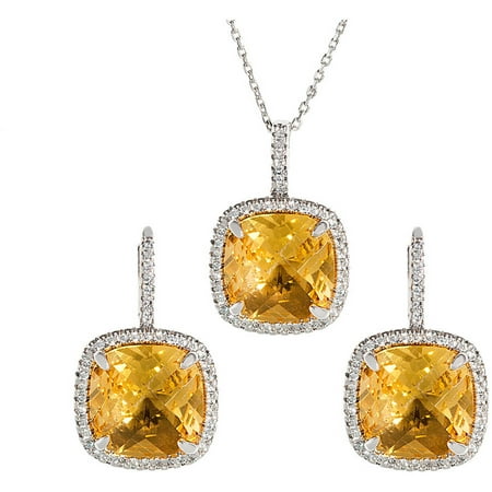 Pori Jewelers Square Citrine CZ Crystal 18kt White Gold-Plated Sterling Silver Earrings and Pendant Set