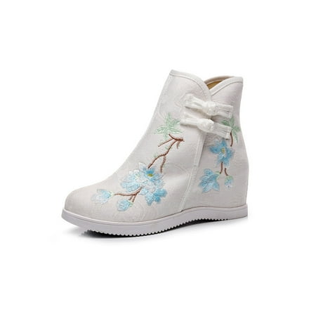 

GENILU Womens Lightweight Non-Slip Booties Vintage High Top Shoes Outdoor Floral Hidden Wedge Boots Floral White 5