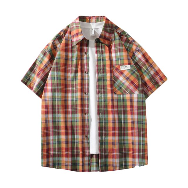 Mens Manga Corta Botón Abajo Camisas Cuadrado Gira-Abajo Cuello Casual Blusa, Camisas de Hombre Casual