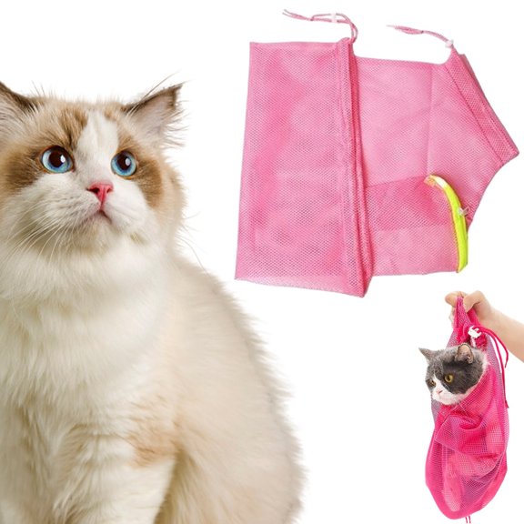 Ngheia Pink Mesh Cat Washing Bag, Cat Shower Net Bag Taking Set Adjustable Multifunctional Breathable Anti and Anti Scratch Restraint Bag Cat Washing Shower Bag Nail Trimming Gloves