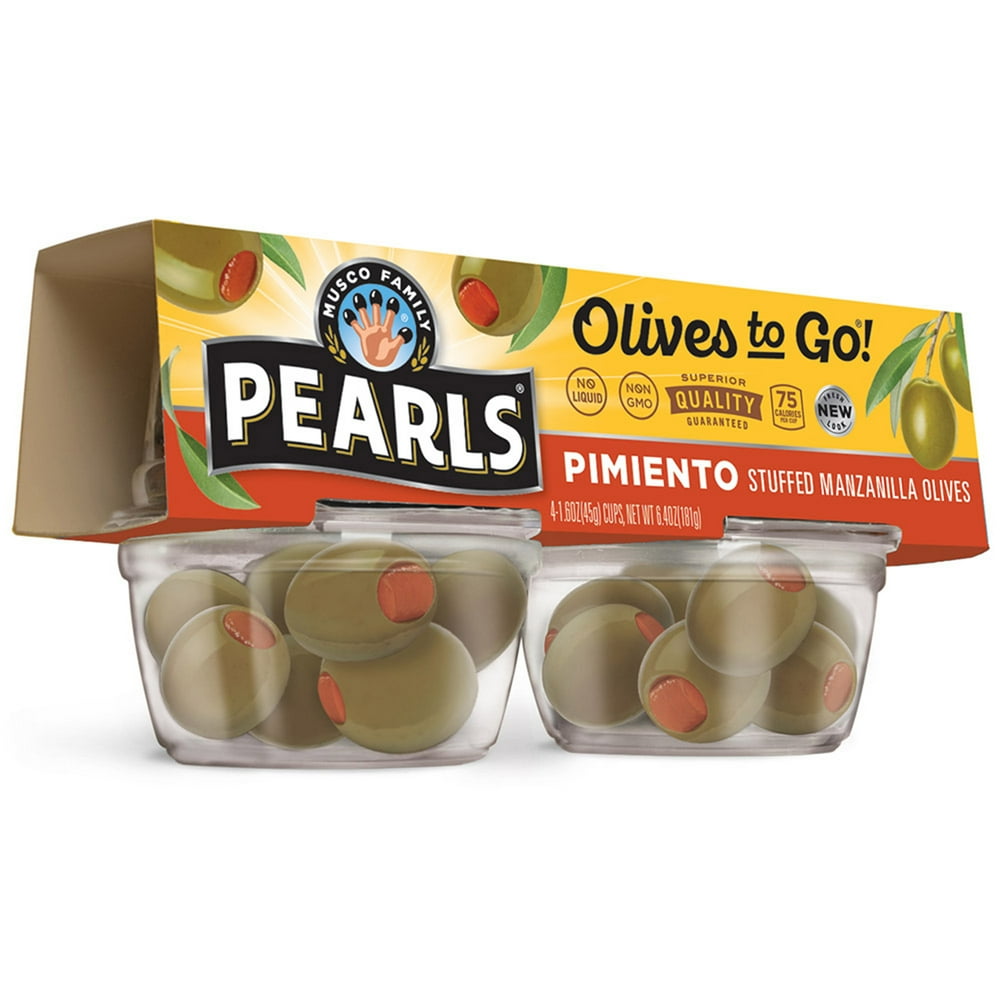 Pearls Pimiento Stuffed Spanish Green Olives, 4 Pack, 1.6 oz. Cup