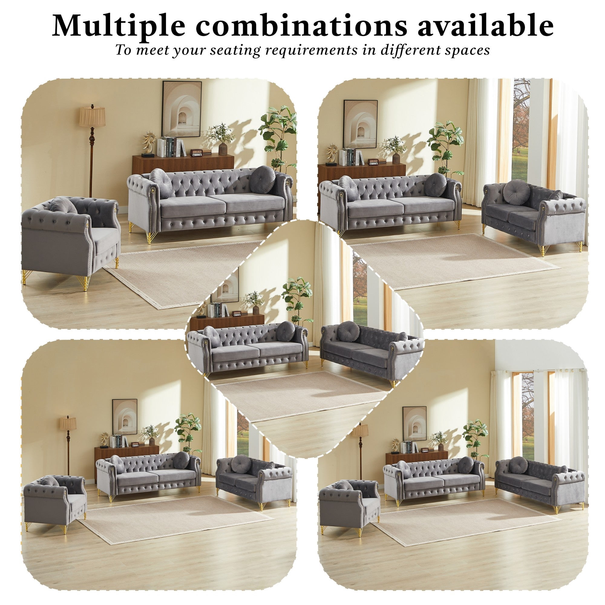 Sailvan 60.5" Velvet Chesterfield Loveseat, 2-Seater Tufted Sofa with Nailhead Trim, Gold Metal Legs & 2 Round Pillows for Living Room Grey