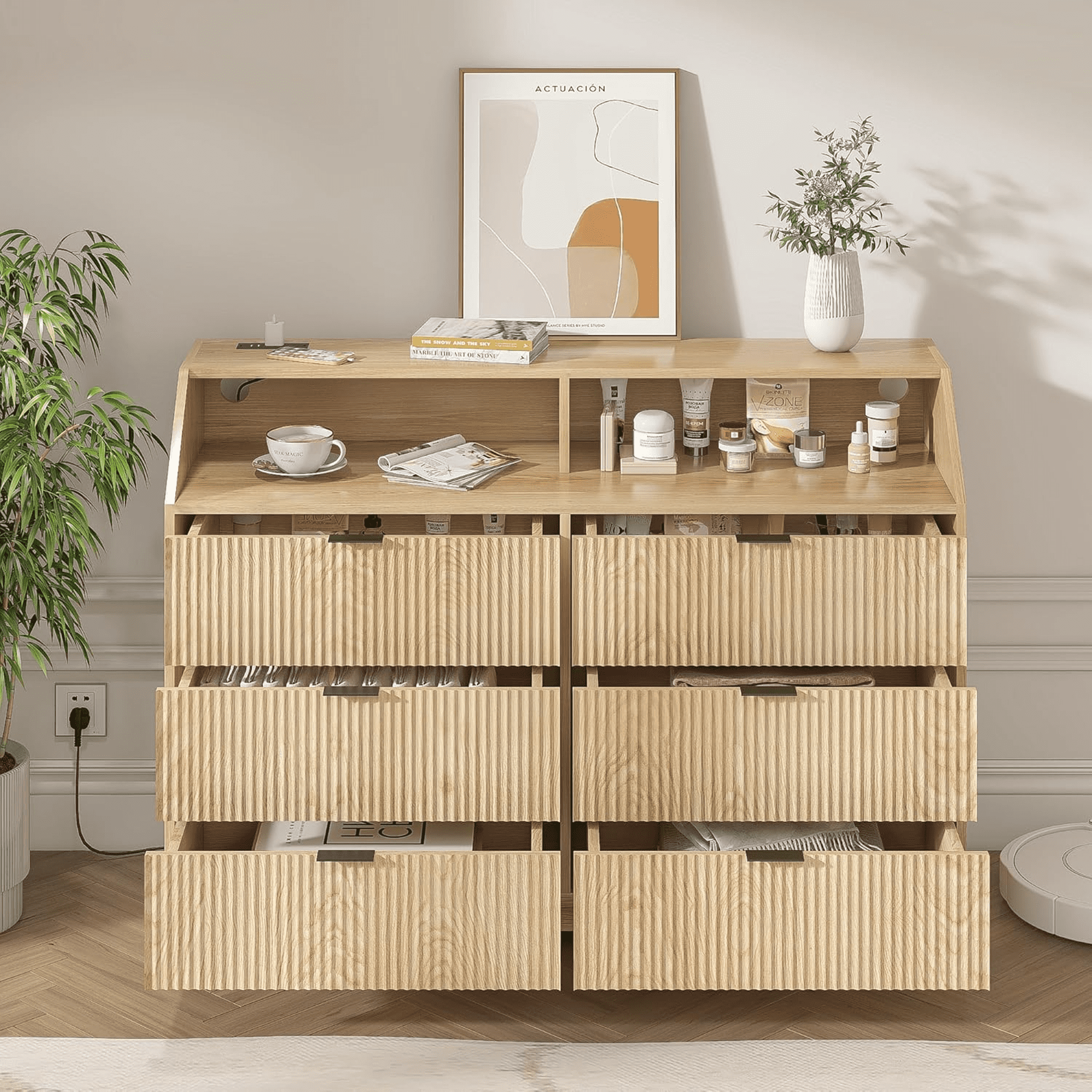 Oubayajia Modern 6 Drawer Dresser, Wood Chest of Drawers with Power Outlet for Living Room Bedroom
