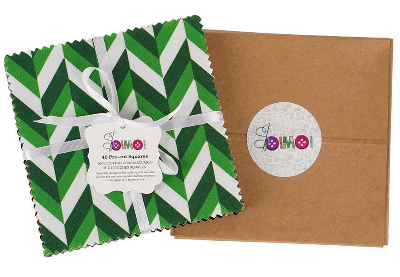 Soimoi Christmas Theme Print Precut 10-inch Cotton Fabric Quilting Squares Charm Pack DIY Patchwork Sewing Craft